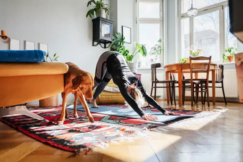 woman doing yoga stretches with her dog